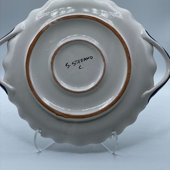 Santo Stefano di Camastra Sicily Round Serving Platter Fruit Motif Navy Signed - Picture 3 of 8